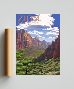 Zion National Park Vintage Style Travel Poster, National Park Art, Zion Canyon View, Wall Decor Office