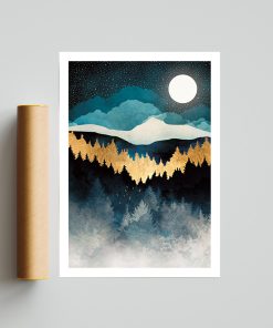 Full Moon Mountain Elegant Poster, Indigo Night Poster, Color Elegant Art Print & Poster, Home Decor, Art Poster Wall Decor Office