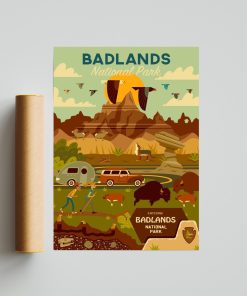 Badlands National Park Scene Vintage Poster, WPA Vintage Style Travel Poster, National Park Travel Wall Decor Office, Home Decor