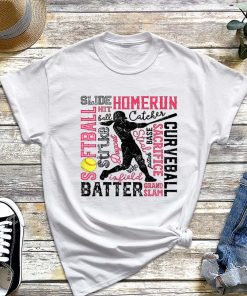 Softball Typography Word Art Funny Batter Pitcher Catcher T-Shirt, Strike Ball, Softball Hit Homerun, Gift for Softball Player-white