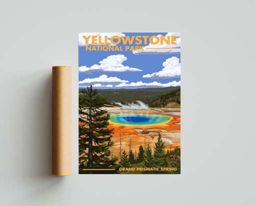 Yellowstone National Park Grand Prismatic Spring Vintage Style Travel Poster, WPA Vintage Travel Poster, Wall Decor Office Poster