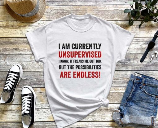 I Am Currently Unsupervised I Know It Freaks Me out Too but the Possibilities Are Endless T-Shirt