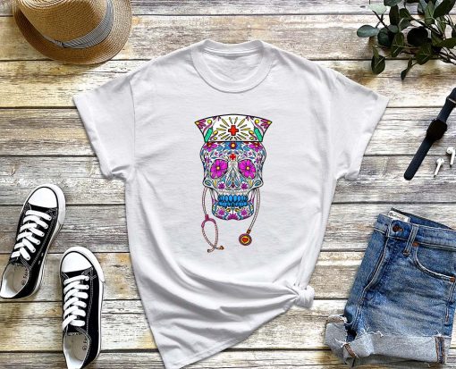 Nurse Sugar Skull T-Shirt, Funny Nurse Gift Health Shirt, Floral Candy Skull Tee, Nurses Day