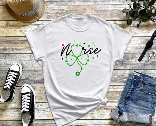 Irish Nurse Stethoscope Scrub T-Shirt, St.Patrick's Day Nurses Shirt, Shamrock Lucky Nurse Gift, Nurse Day Tee