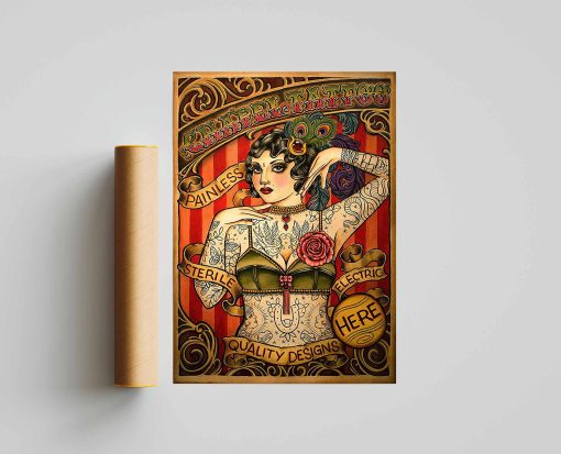 Vintage Tattoo Lady Poster, Tattooed Woman, Red Horse Designs Chapel Tattoo Poster, WPA Vintage Poster, Wall Decor, Home Decor