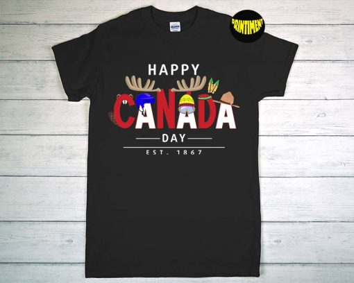 Happy Canada Pride Symbols with Canadian Maple Leaf T-Shirt, Canada Day Pullover, Canada Flag Shirt, Canadian Tee