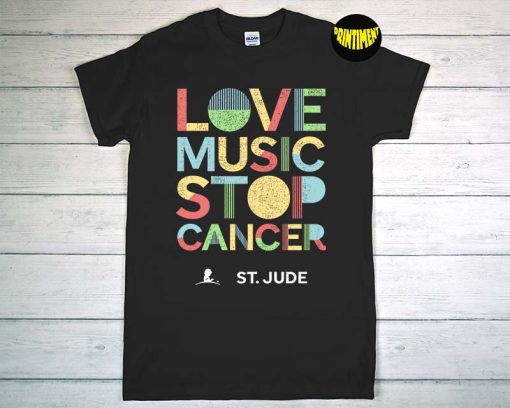 Love Music Stop Cancer T-Shirt, St Jude Music Shirt, Breast Cancer Awareness Shirt, Unisex Gift Shirt for Women and Men