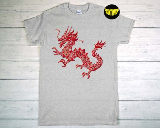 Red Chinese Firedrake T-Shirt, Dragon Print Art Wear Shirt, Dragon Lover Shirt, Fantasy Fan Shirt