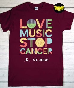 Love Music Stop Cancer T-Shirt, St Jude Music Shirt, Breast Cancer Awareness Shirt, Unisex Gift Shirt for Women and Men