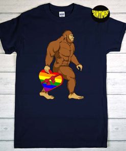 Bigfoot LGBT Gay Pride Flag T-Shirt, Guy With Rainbow Flag Heart Gift Shirt, Bigfoot Shirt, Best Friend Gift, LGBTQ, Custom Rainbow Tee