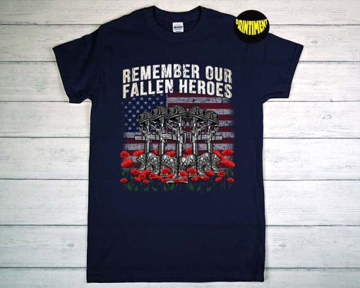 Remember Our Fallen Heroes Red Poppy Soldier T-Shirt, USA Flag Shirt, Memorial Day Shirt, Fallen Soldiers Shirt