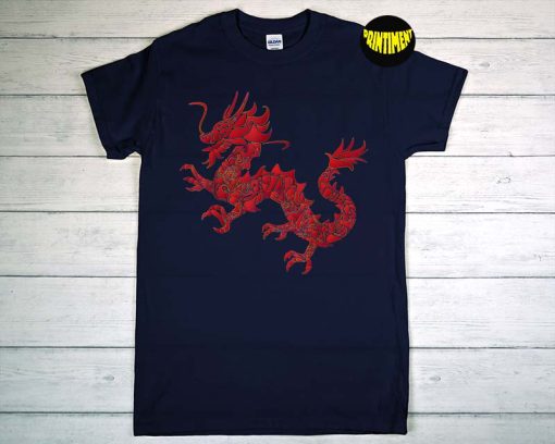 Red Chinese Firedrake T-Shirt, Dragon Print Art Wear Shirt, Dragon Lover Shirt, Fantasy Fan Shirt