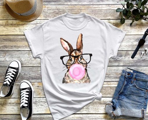 Cute Bubble Gum Bunny T-Shirt, Bunny with Glasses Shirt, Ladies Easter Bunny, Easter Shirts for Women