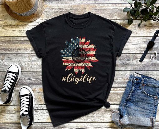 Gigi Life 4th of July Sunflower American Flag Patriotic T-Shirt, USA Flag Flower, Gift for American