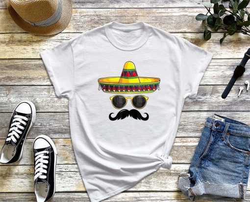 Mens Sombrero and Mustache Face T-Shirt, Mexican Theme Shirt, Fiesta Shirt, Funny Cinco De Mayo Party