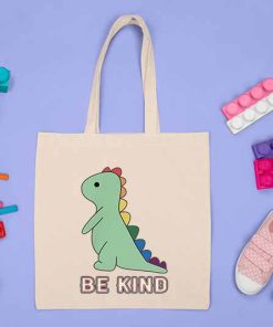 Bekind LGBT Flag Tote Bag, Gay Pride Month Bag, Transgender Rainbow, Cute Dinosaur in Rainbow Flag, LGBT Ally Tote Bag