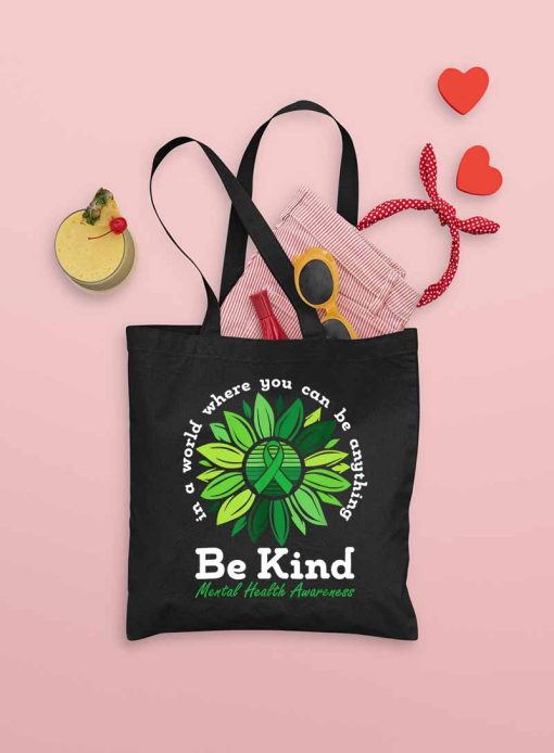 Green Ribbon Sunflower Be Kind Mental Health Awareness Tote Bag, Be Kind Woman Bag, Mental Health Tote Bag, Canvas Bag