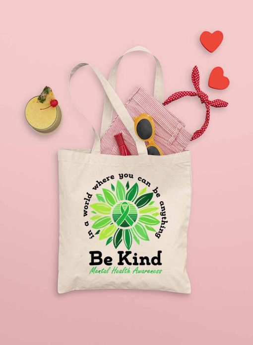 Green Ribbon Sunflower Be Kind Mental Health Awareness Tote Bag, Be Kind Woman Bag, Mental Health Tote Bag, Canvas Bag