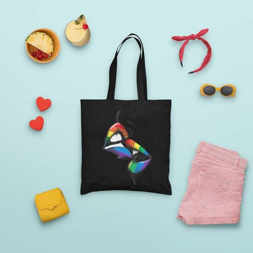 Lesbian Lips Kissing Rainbow Flag Gay Pride LGBT Tote Bag, Gay Pride, Rainbow Lips Bag, Pride Week Tote Bag