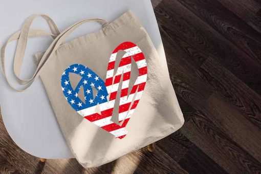 4th Of July Tote Bag, Patriotic Peace Heart Tote Bag, Memorial Day Bag, American Flag, USA Canvas Tote Bag