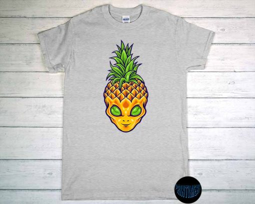 Tropical Fruit Hawaiian UFO T-Shirt, Green Eyed Alien Pineapple Skull Shirt, Alien UFO, Pineapple Shirt, UFO Day 2022