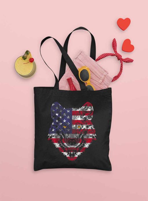 Wolf USA Flag Tote Bag, Wolves American Flag Bag, 4th of July Gift Wolf Lover, Fourth of July, Animal Gift, Unique Canvas Tote Bag