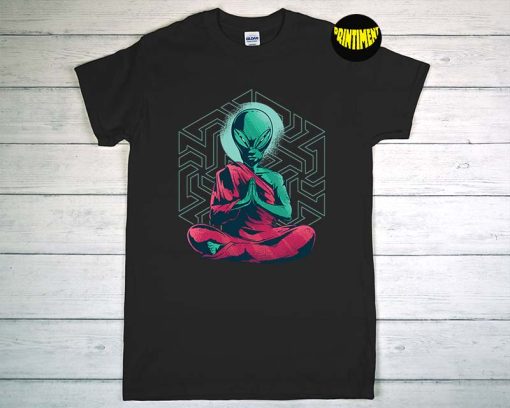 Alien Monk Meditation T-Shirt, Yoga Meditation Shirt, Space Shirt, UFO Shirt, Funny Meditation Shirt
