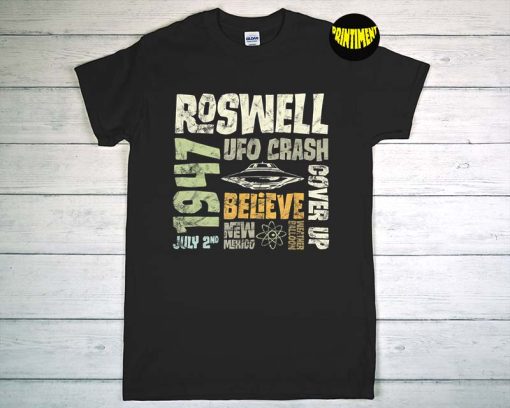 Retro Roswell 1947 World UFO Day Area 51 Alien Distressed T-Shirt, Alien Flying Saucer Shirt, Funny Alien Shirts