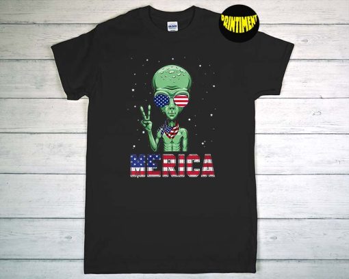 Alien Merica 4th of July T-Shirt, Vintage UFO World Day Shirt, Glasses Shirt, Merica Women Shirt