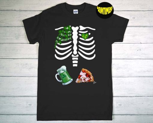 St Patrick's Day Shamrock Skeleton Beer and Pizza T-Shirt, Lucky Shirt, Funny Beer Drinker Shirt