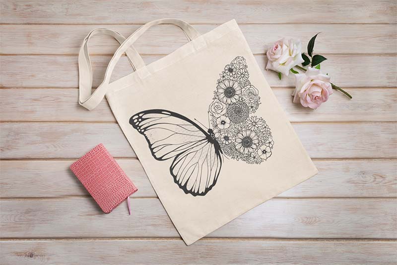 Tattoo Motif Butterfly and Flowers Tote Bag, Flower Tattoo