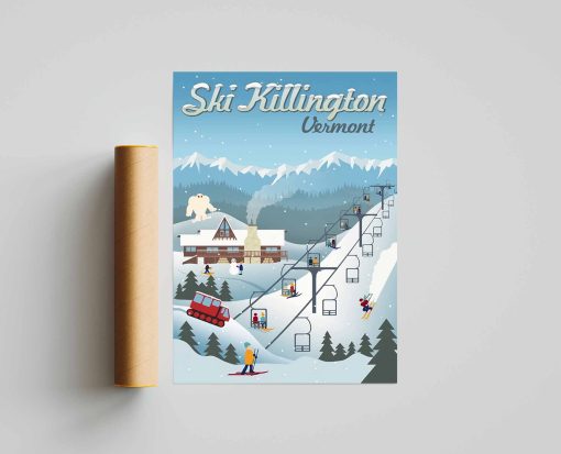 Ski Skillington Vermont Poster, Vintage Style Ski Poster, Skier & Tram, Wall Decor, Winter Sports Print Poster