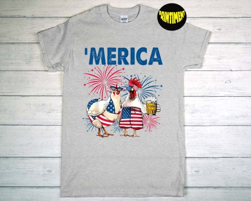 Patriotic Chicken Merica 4th Of July Beer T-Shirt, Independence Day Shirt, Merica Glasses Shirt, Merica Unisex Shirt
