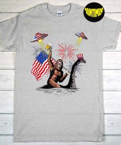 Bigfoot Riding Dinosaurs Happy 4th Of July T-Shirt, UFO Shirt, American Flag Raglan Shirt, Merica Shirt