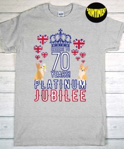 Cheers To 70 Years Platinum Jubilee T-Shirt, England Heart Shirt, Union Jack Flag Shirt, Funny Corgi Dog Shirt