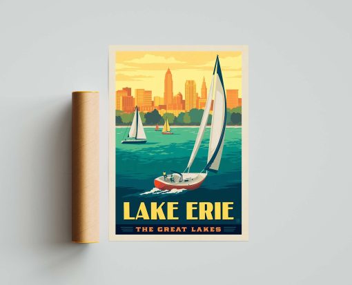 The Great Lakes Lake Erie Vintage Style Travel Poster, The Great Lakes WPA Vintage Travel Poster, Wall Decor Office