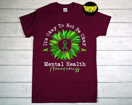 It's Okay To Not Be Okay Mental Health Awareness Ribbon T-Shirt, Green Floral Ribbon Shirt, Encouragement Gift
