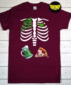 St Patrick's Day Shamrock Skeleton Beer and Pizza T-Shirt, Lucky Shirt, Funny Beer Drinker Shirt