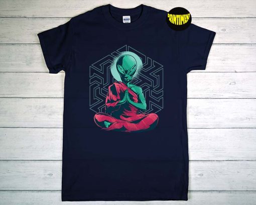 Alien Monk Meditation T-Shirt, Yoga Meditation Shirt, Space Shirt, UFO Shirt, Funny Meditation Shirt