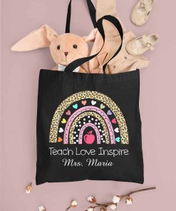 Custom Teach Love Inspire Tote Bag, Personalized Gifts for Teacher, Teacher Tote Bag, Leopard Rainbow Love Teach Inspire Tote Bag