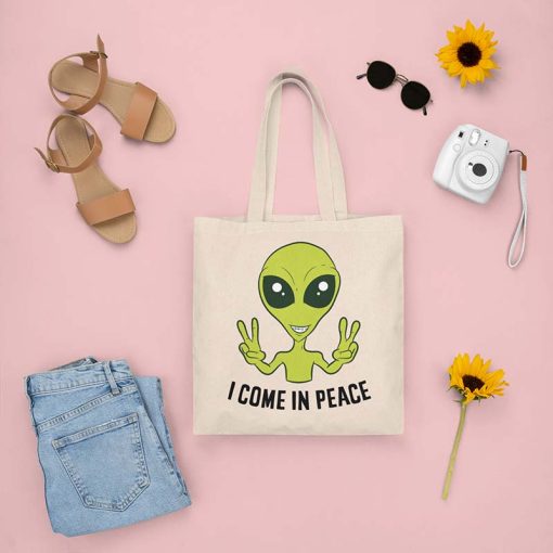 Alien I Come in Peace Tote Bag, Alien Head, Flying Saucer Bag, Extraterrestrial Tote Bag, Funny UFO Tote Bag