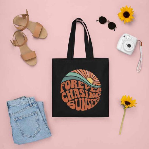 Forever Chasing Sunsets Tote Bag, Beach Bag, Trendy Canvas Tote, Aesthetic, Wavy Words, Design Your Own Cotton Tote Bag