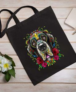 Great Dane Dog Tattoo Day Of The Dead Floral Tote Bag, Dog Lovers Sugar Skull Bag, Canvas Tote Bag