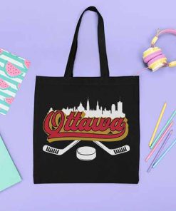 Ottawa Senators Tote Bag, Ottawa Hockey Downtown City Skyline Sticks Puck Hockey Fan Gift, Ice Hockey Team, NHL, Tote Bag Canvas