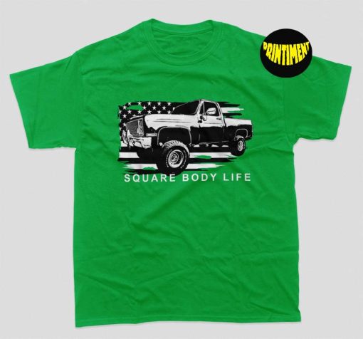 Squarebody American Flag Square Body Truck T-Shirt, 80s Shirt, Car Enthusiast, Vintage Pickup Truck Short