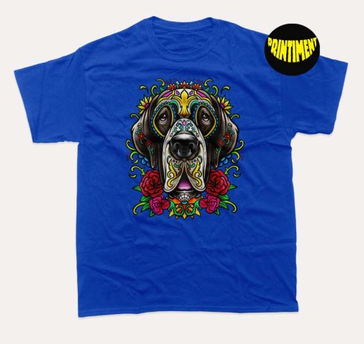 Great Dane Dog Tattoo Day of the Dead Floral Mexican Art T-Shirt, Gift Blusa Mexicana, Pet Sympathy Gift