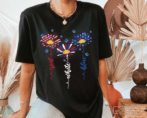 Personalized 4th of July T-Shirt, Custom Name with Flower Shirt for Independence Day Shirt, Patriotic 4th of July Gifts
