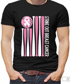 Strike Out Breast Cancer Baseball Pink American Flag T-Shirt