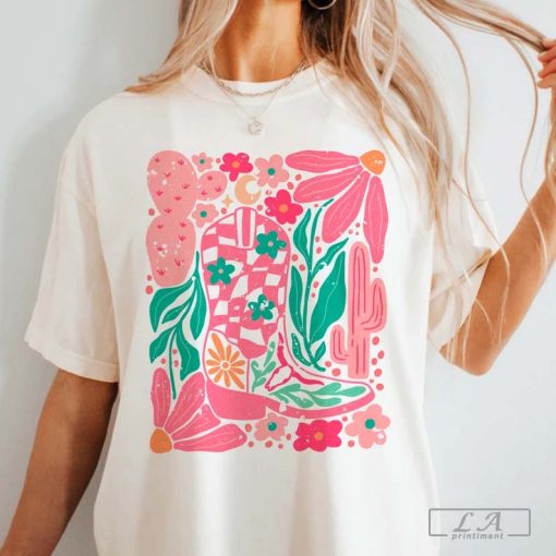 Boho Cowgirl Boot and Flowers T-shirt, Boho Western Shirt