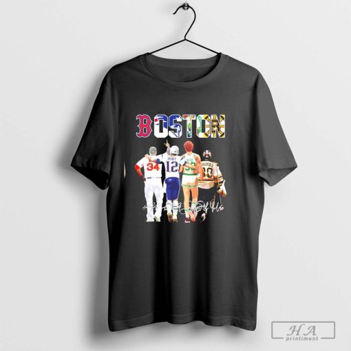 Boston David Ortiz Tom Brady Larry Bird Tim Thomas signatures T-shirt